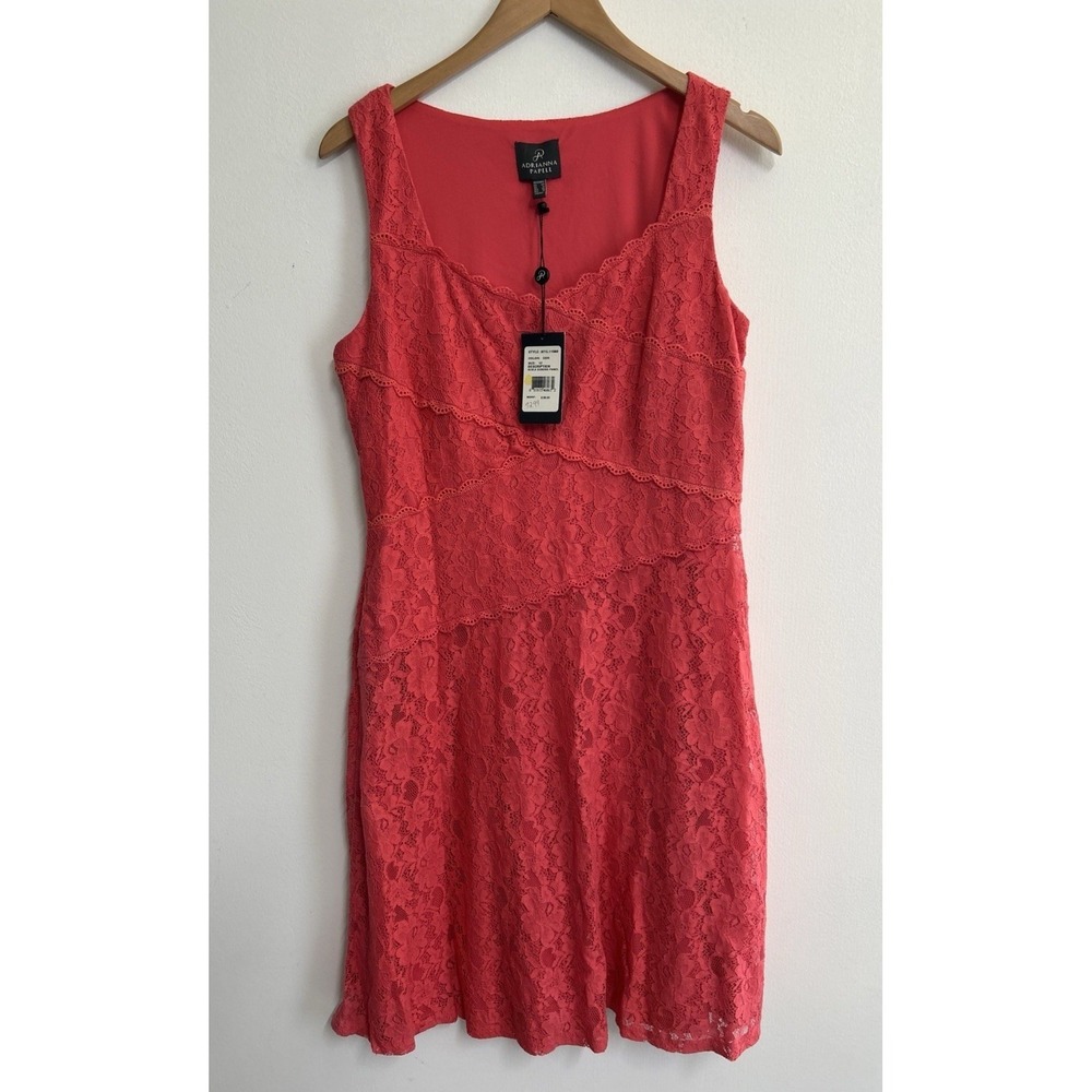 NWT ADRIANNA PAPELL Size 12 Coral Floral Lace Lined V-Neck Dress Wedding Formal